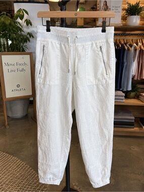 Athleta White Linen Jogger Pants Size 10 Zip Pockets Pull On